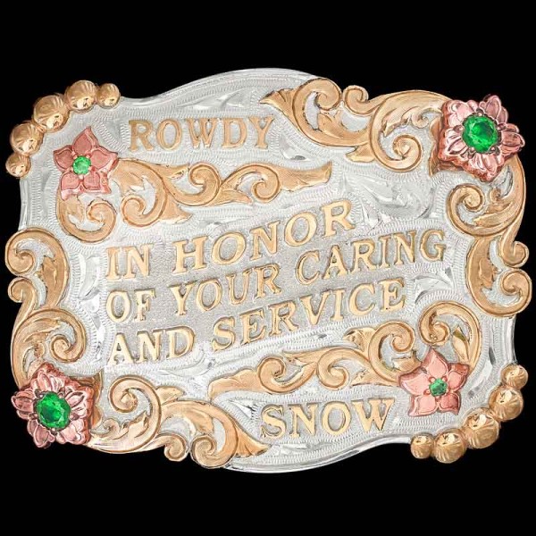 The Amarillo Custom Belt Buckle is a beautiful silver buckle with bronze scrollwork perfect for only lettering.  Personalize this women's buckle design today!
